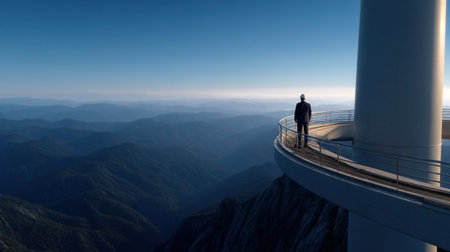 A man stands on a bridge looking out over a mountain range. The sky is clear and blue, and the mountains are covered in trees. The man is wearing a suit, which gives the scene a sense of formalityの素材