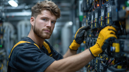 A man in a yellow vest is working on a power box. He is wearing gloves and has a serious expression on his faceの素材