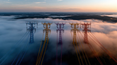 A colorful power line tower with a blue, yellow, and red tower. The sky is cloudy and the sun is settingの素材