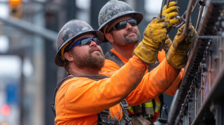 Two men in orange shirts and hard hats are working on a building. One of them is wearing a safety harnessの素材