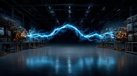 A large blue electrical discharge is shown in a dark room. Concept of power and energy, as well as a futuristic or industrial atmosphereの素材