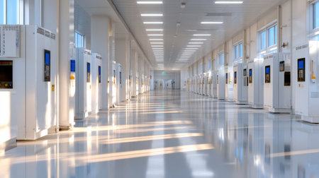 A large, empty room with white walls and floors. The room is lit by a bright light, giving it a sterile and clinical feelの素材