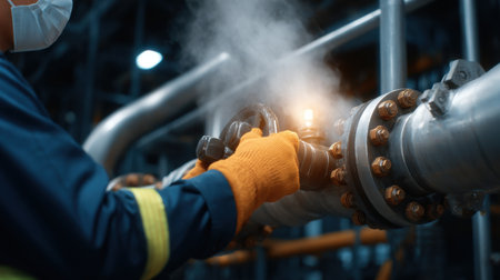 A man in a yellow glove is working on a pipe. The pipe is hot and steam is coming out of itの素材
