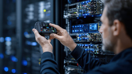 A man is holding a device in front of a row of computer servers. The servers are blue and black and are connected to each otherの素材