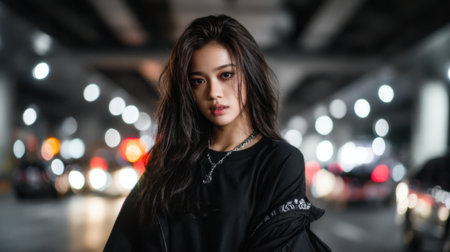 A woman in a black shirt stands in front of a car. The car is parked in a parking lotの素材