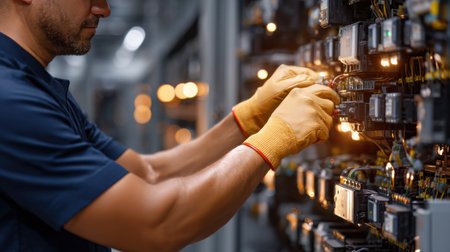 A man in a blue shirt is working on a circuit board. He is wearing gloves and has a serious look on his faceの素材