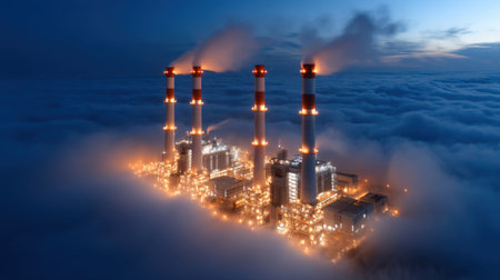 A large industrial plant with smoke coming out of it. The smoke is in the air and the sky is cloudyの素材