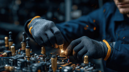 A man is working on a machine with his hands. The machine is made of metal and has a lot of parts. The man is wearing gloves and seems to be focused on his workの素材