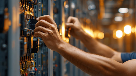 Two men are working on a computer server. One of them is reaching for a switch. The other man is looking at the switchの素材
