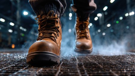A person wearing a pair of work boots is walking through a foggy, misty environment. The boots are brown and have a black soleの素材