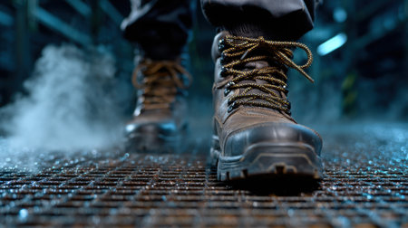 A person wearing a pair of boots with a yellow and black shoelace. The boots are wet and the person is walking on a wet surfaceの素材