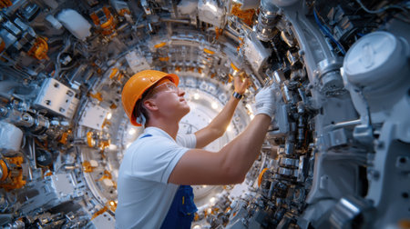 A man in a white shirt and blue overalls is working on a machine. He is wearing a hard hat and safety glassesの素材