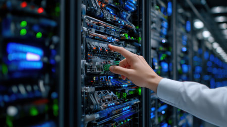 A person is touching a computer monitor with a green button. The monitor is very large and has many lights on itの素材