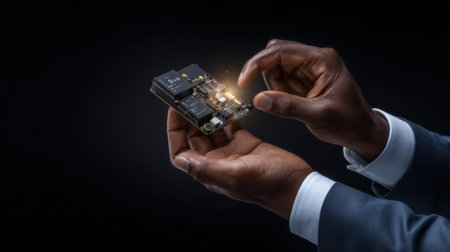 A man is holding a small electronic device in his hand. The device is black and has a glowing light on it. The man is examining the device closelyの素材