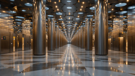 A long hallway with many pillars and a shiny floor. The floor is made of tiles and the pillars are made of metalの素材