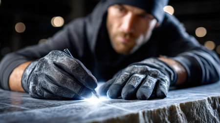 A man is writing on a stone with a pen. Concept of determination and focus as the man carefully writes on the stoneの素材