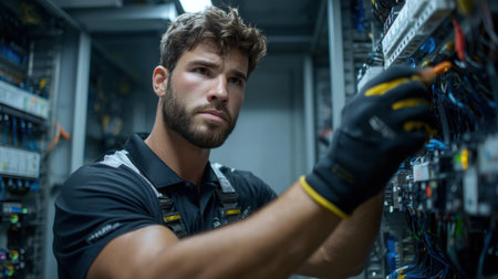 A man is working on a computer server. He is wearing a black shirt and yellow gloves. The server is in a room with many wires and cablesの素材
