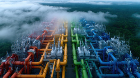 A rainbow of colored pipes are shown in the sky. The colors are bright and vibrant, creating a sense of energy and excitement. Concept of a bustling industrial area, with many different types of pipesの素材