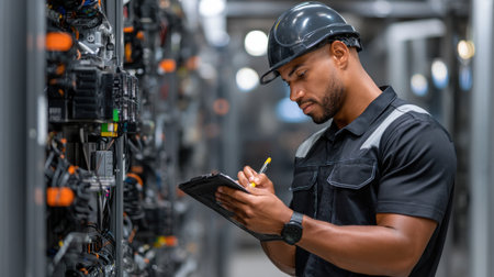 A man wearing a hard hat and safety glasses is writing on a clipboard. He is in a room with many wires and electrical equipmentの素材
