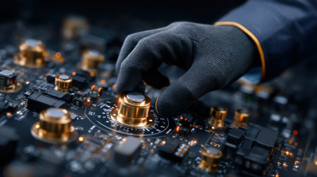 A person is touching a piece of electronic equipment with a gold button. Concept of curiosity and exploration, as the person is reaching out to interact with the deviceの素材