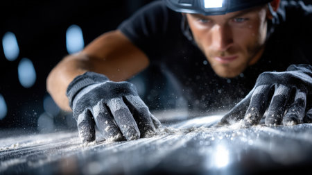 A man in a black shirt and black gloves is reaching for something on a table. Concept of determination and focus as the man works to achieve his goalの素材