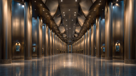 A large, empty hallway with many escalators and lights. The hallway is long and stretches from one end to the other. The lights are on, illuminating the space and creating a bright, open atmosphereの素材