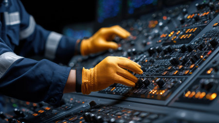 A man in a blue jacket and orange gloves is working on a computer console. The console is lit up with many lights, and the man is focused on his work. Scene is serious and focusedの素材