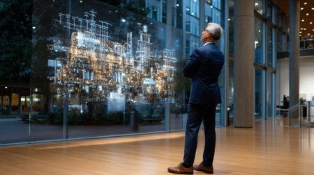 A man in a suit stands in front of a large window, looking at a projection of a city. Concept of awe and wonder, as the man is captivated by the impressive display of technology and architectureの素材