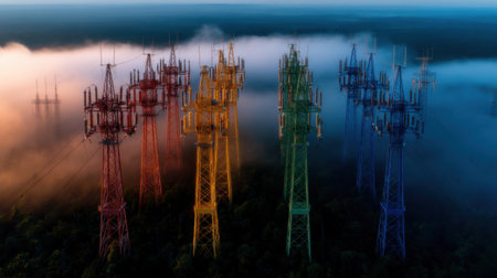A colorful tower of cell phone towers is seen in the sky. The towers are of different colors, and they are all lined up in a row. The image has a sense of unity and harmonyの素材