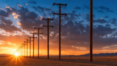 A long line of power poles with a sunset in the background. The sky is cloudy and the sun is settingの素材