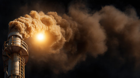 A large, smoldering chimney with a bright light shining through the smoke. Concept of danger and destruction, as the smoke billows out of the chimney and the light shines through itの素材