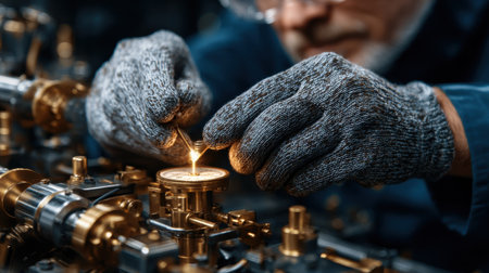 A man is working on a machine with a small flame. Concept of precision and focus as the man carefully handles the delicate taskの素材