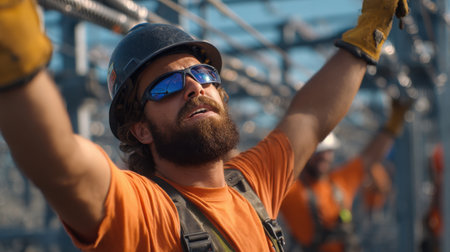 A man with a beard and glasses is wearing an orange shirt and a hard hat. He is smiling and he is happyの素材