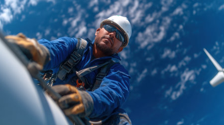 A man in a blue jacket is working on a wind turbine. He is wearing a hard hat and safety glassesの素材
