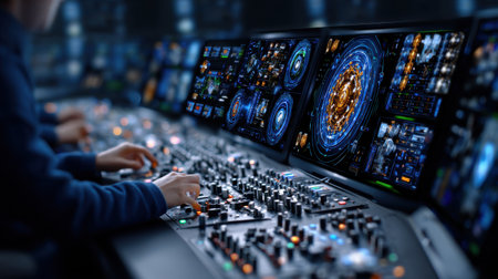 A man is sitting in front of a computer monitor with a large screen that has a blue circle on it. The man is typing on a keyboard. The computer monitor is surrounded by other monitorsの素材