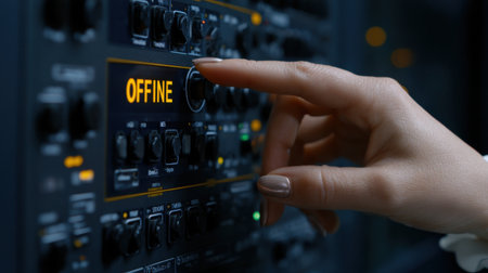 A hand is pointing to the word "offline" on a control panel. Concept of urgency or importance, as the person is actively trying to turn off somethingの素材