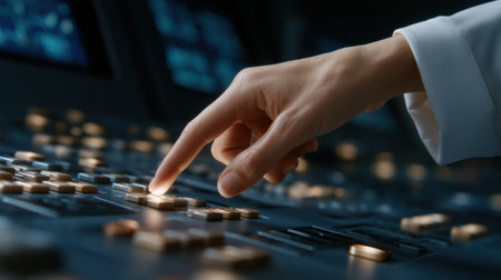 A hand is pointing at a button on a control panel. Concept of focus and determination as the person directs their attention to the button. The control panel appears to be part of a larger systemの素材