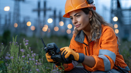 A woman in an orange jumpsuit is looking at a drone. She is wearing a hard hat and orange glovesの素材