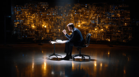 A man is sitting at a desk in front of a large wall of computer screens. He is looking at a piece of paper. The scene is set in a room with a lot of technologyの素材