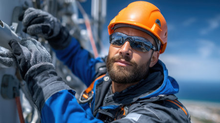 A man in an orange helmet is working on a tower. He is wearing a blue jacket and blue glovesの素材