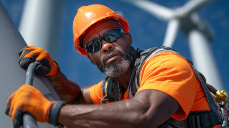 A man in an orange shirt and safety gear is working on a wind turbine. He is wearing an orange shirt and safety gear, which includes a hard hat, safety glasses, and glovesの素材