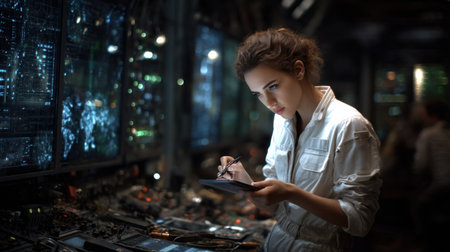 A woman in a white lab coat is writing on a tablet. She is looking at the screen intentlyの素材