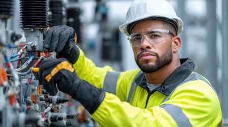 A man in a yellow and black safety suit is working on electrical equipment. He is wearing a hard hat and safety glassesの素材