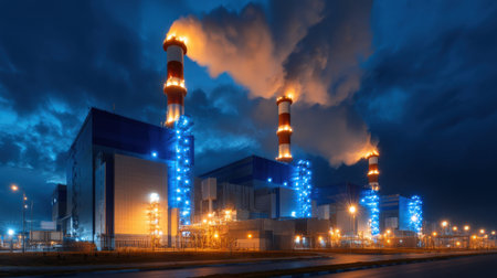 A large industrial plant with a lot of smoke coming out of it. The smoke is orange and blueの素材