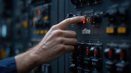 A person is pointing at a button that says Offline. Concept of urgency or importance, as the person is actively engaging with the button to turn it offの素材