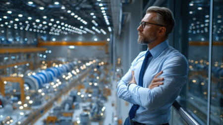 A man in a blue shirt and tie stands on a balcony looking out over a factory. He is focused and serious, possibly contemplating the work being done insideの素材