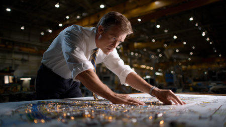 A man is looking at a map with a lot of lights in the background. He is wearing a white shirt and a tieの素材