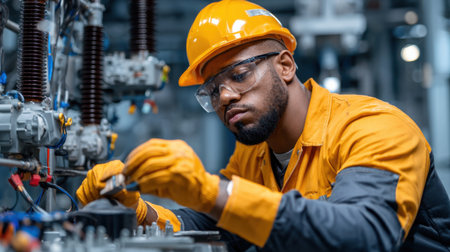 A man in a yellow jacket and safety gear is working on a machine. He is wearing a hard hat and safety glassesの素材