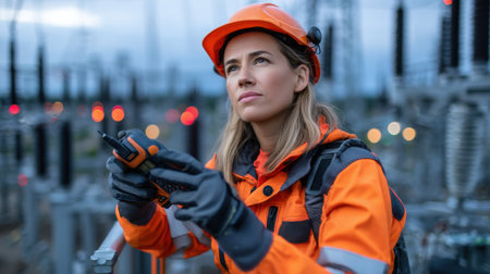 A woman wearing an orange safety jacket and a hard hat is holding a radio. She is looking up at something in the distanceの素材