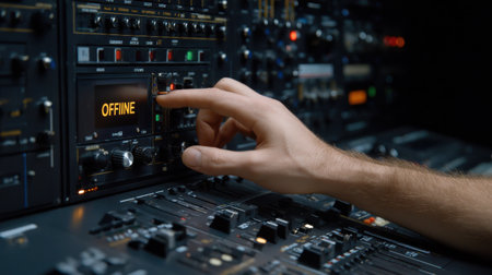 A person is pointing at the Off button on a sound board. Concept of control and precision, as the person is carefully selecting the desired setting. The sound board is a complex piece of equipmentの素材